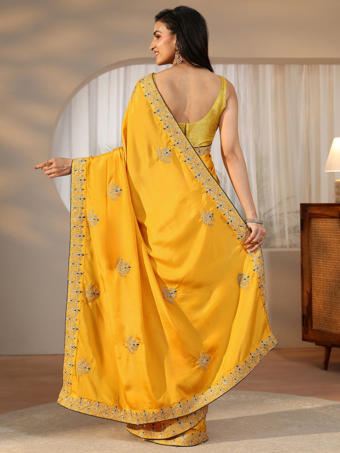 Mameraa Mustard Floral Embroidered Satin Saree