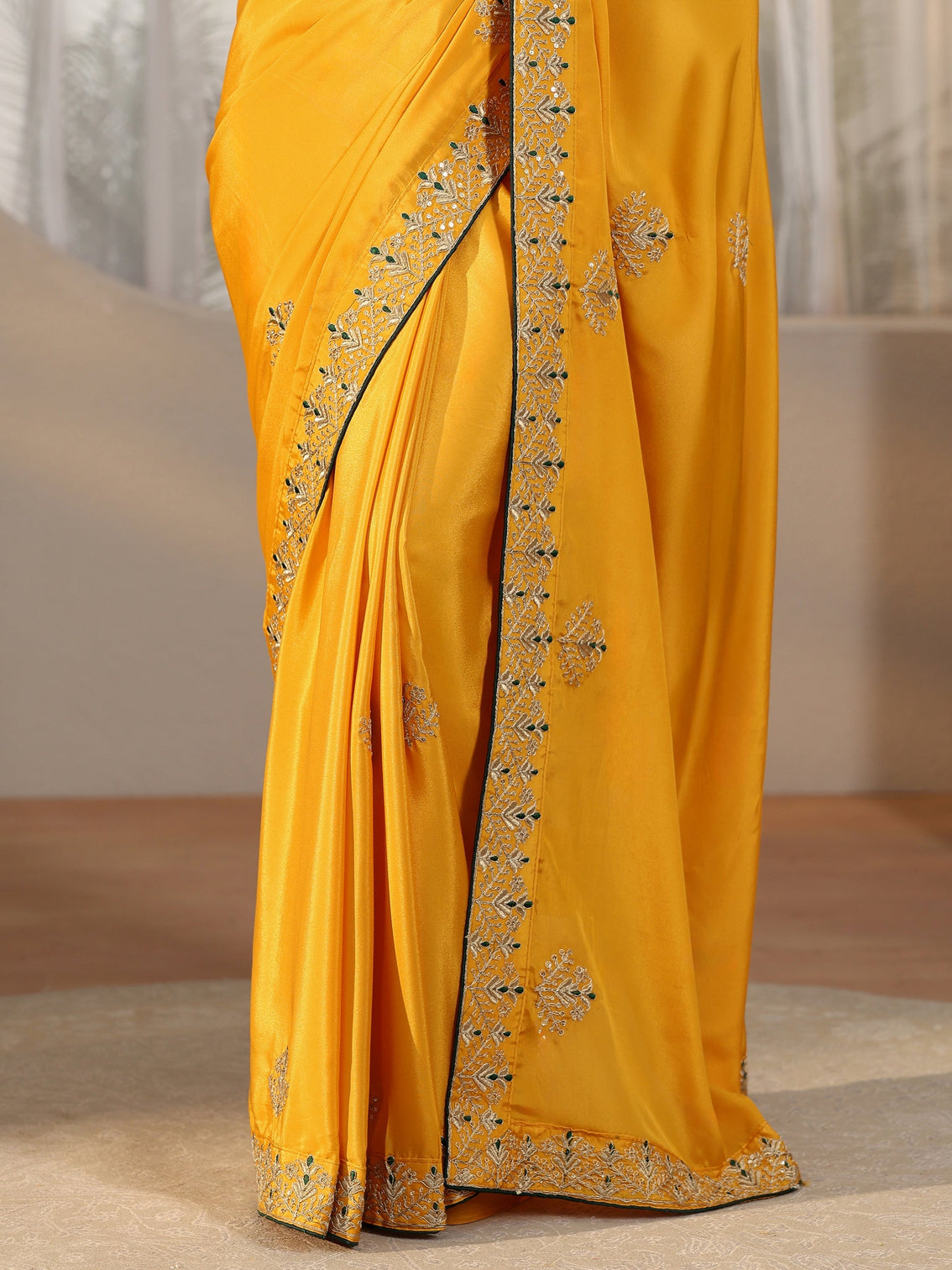Mameraa Mustard Floral Embroidered Satin Saree