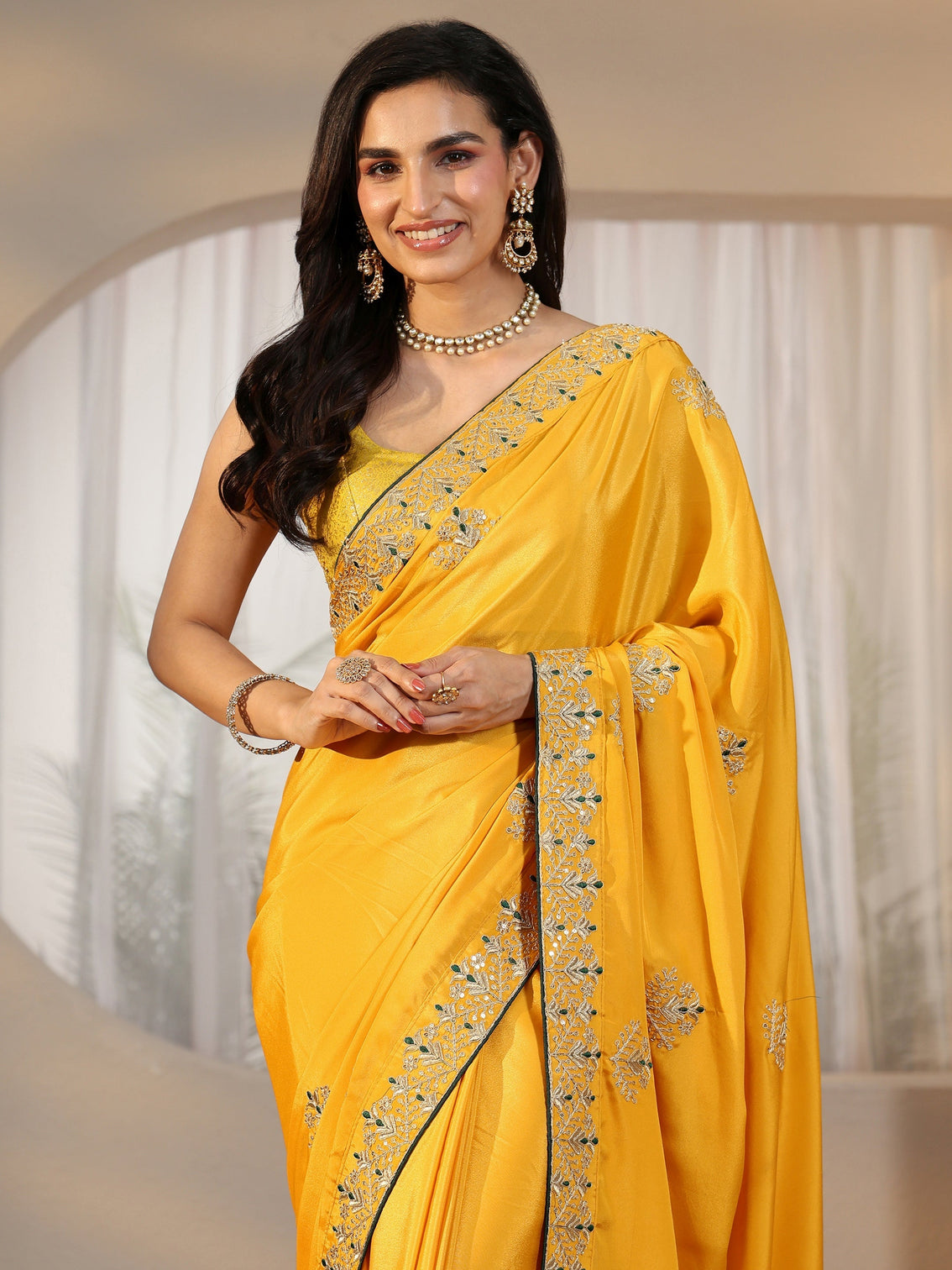 Mameraa Mustard Floral Embroidered Satin Saree