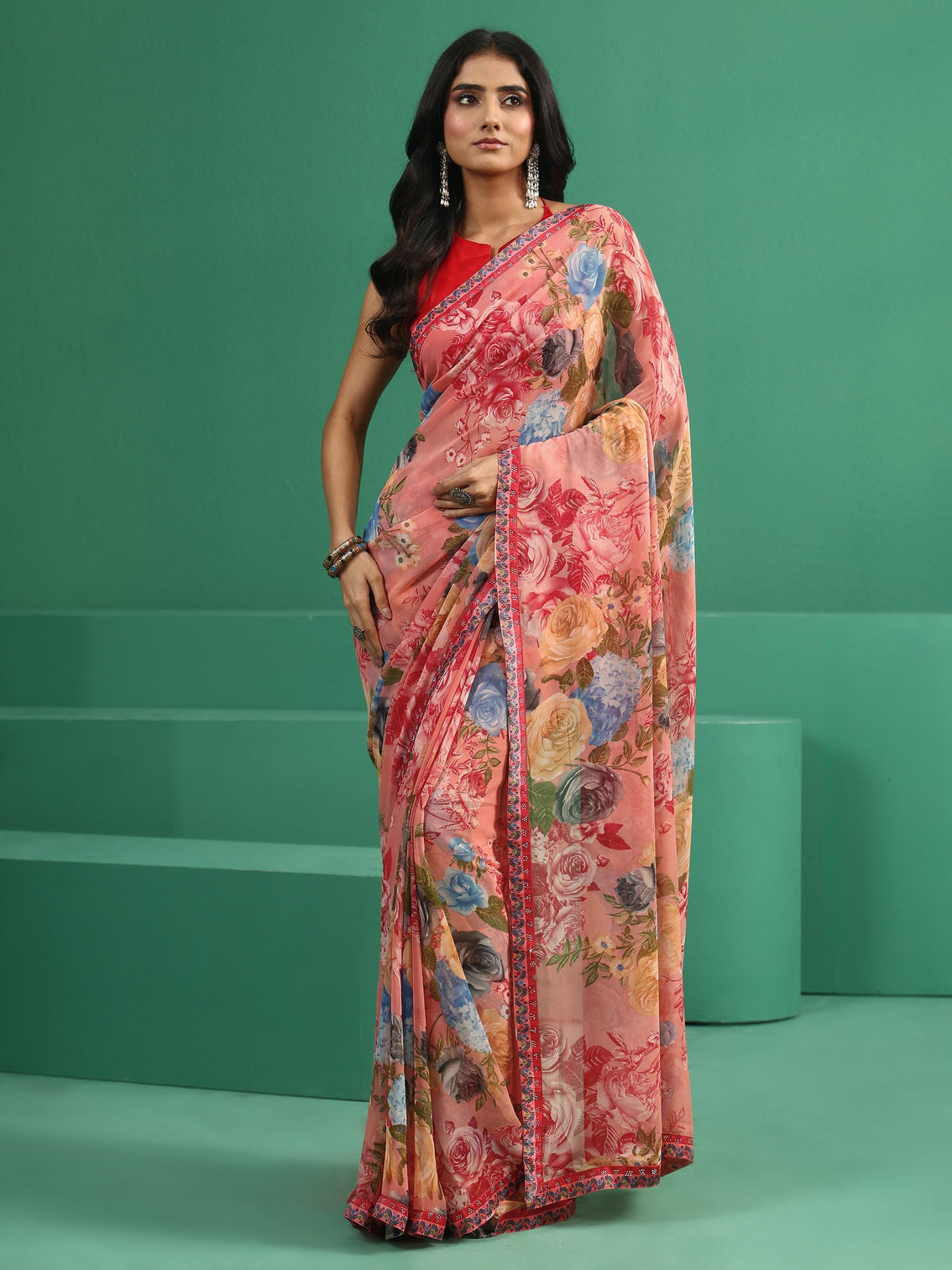 Mameraa Peach Floral Printed Georgette Saree