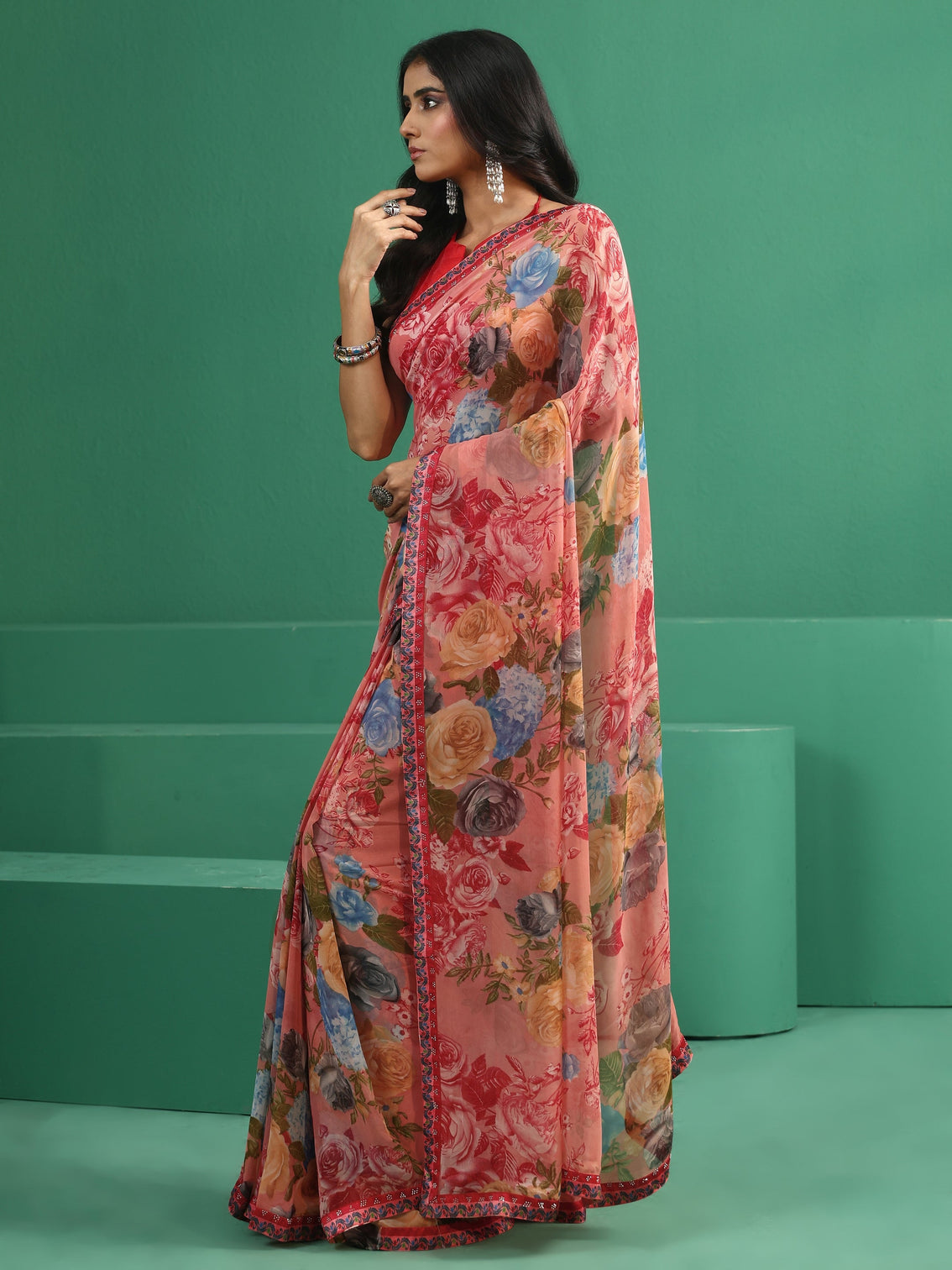 Mameraa Peach Floral Printed Georgette Saree