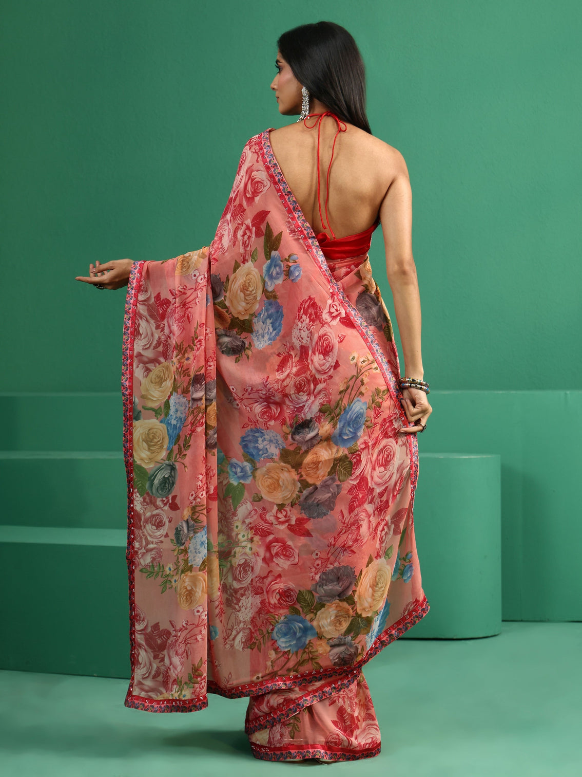 Mameraa Peach Floral Printed Georgette Saree