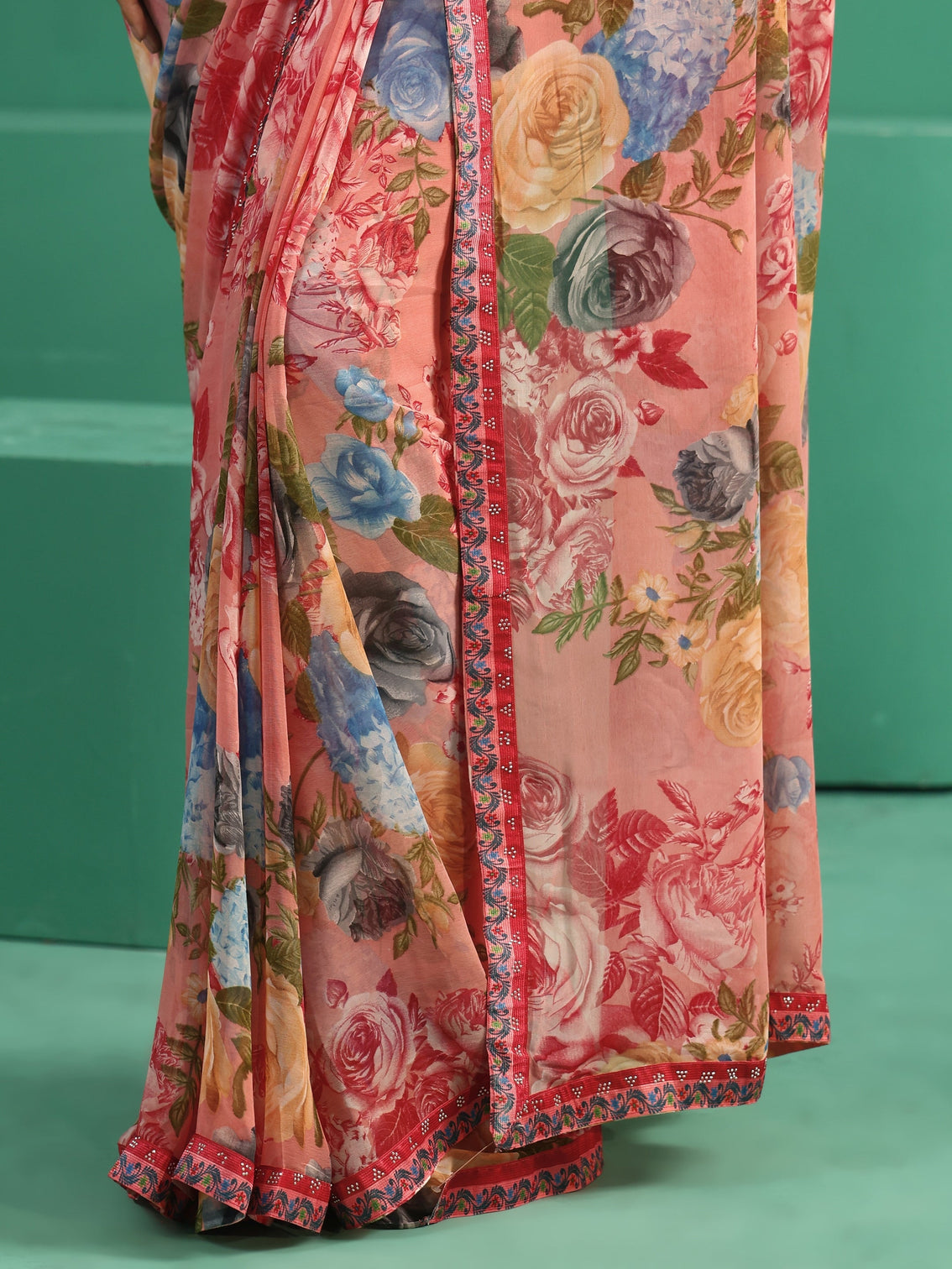 Mameraa Peach Floral Printed Georgette Saree