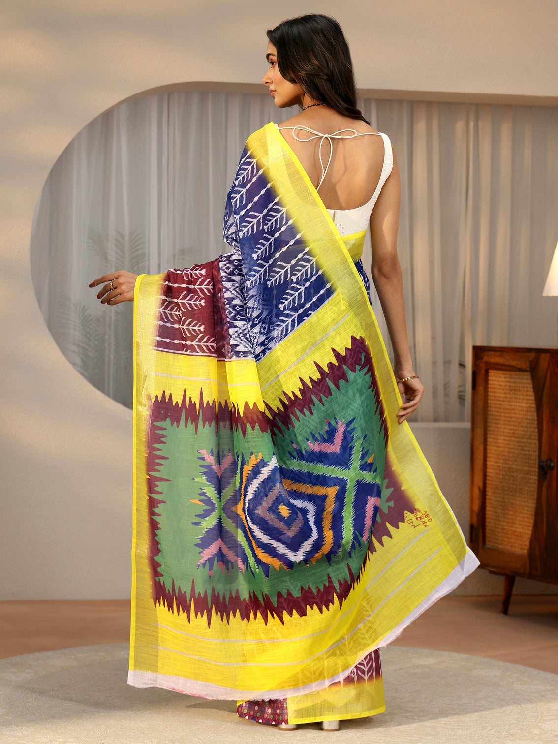 Mameraa Multi Colour Ikat Style Printed Cotton Blend Saree