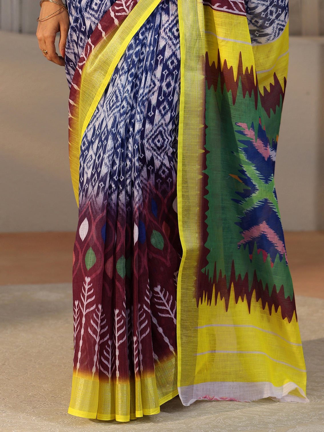 Mameraa Multi Colour Ikat Style Printed Cotton Blend Saree