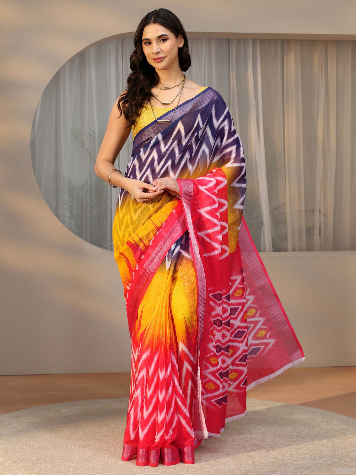 Mameraa Multi Colour Ikat Style Chevron Printed Cotton Blend Saree