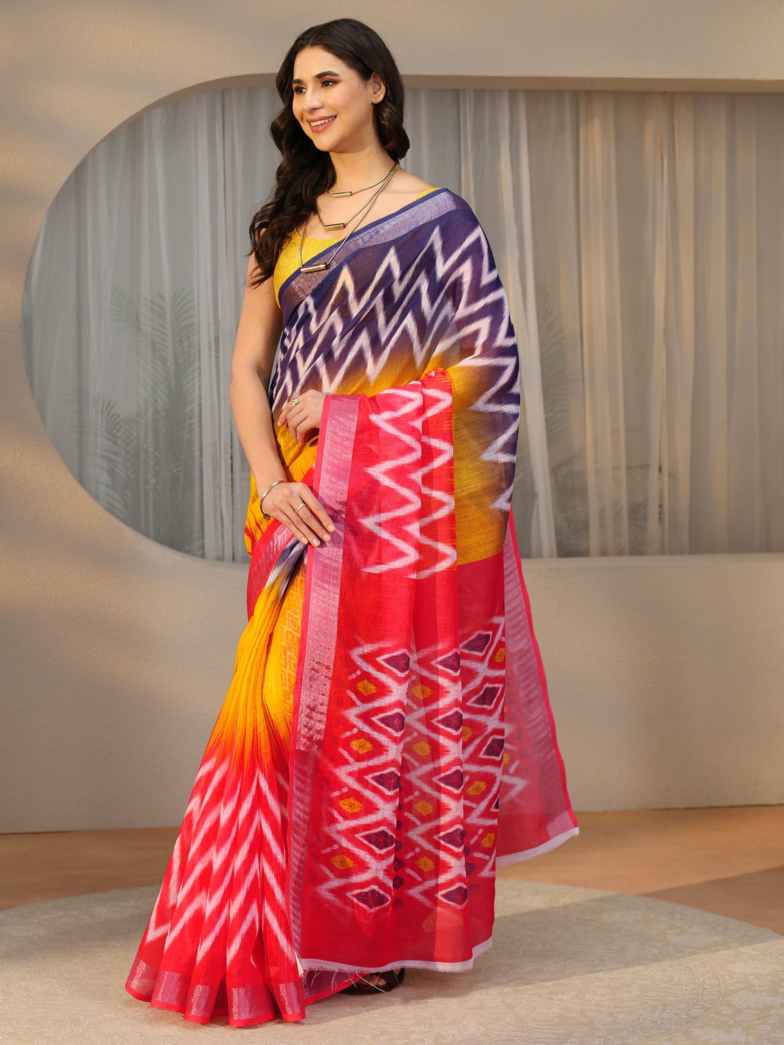 Mameraa Multi Colour Ikat Style Chevron Printed Cotton Blend Saree