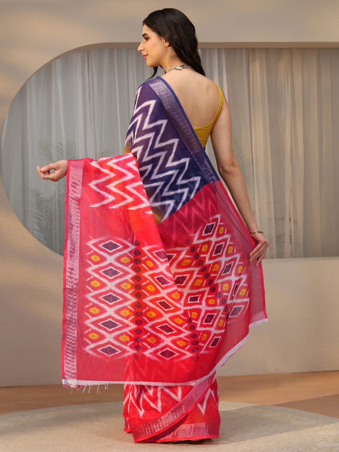Mameraa Multi Colour Ikat Style Chevron Printed Cotton Blend Saree