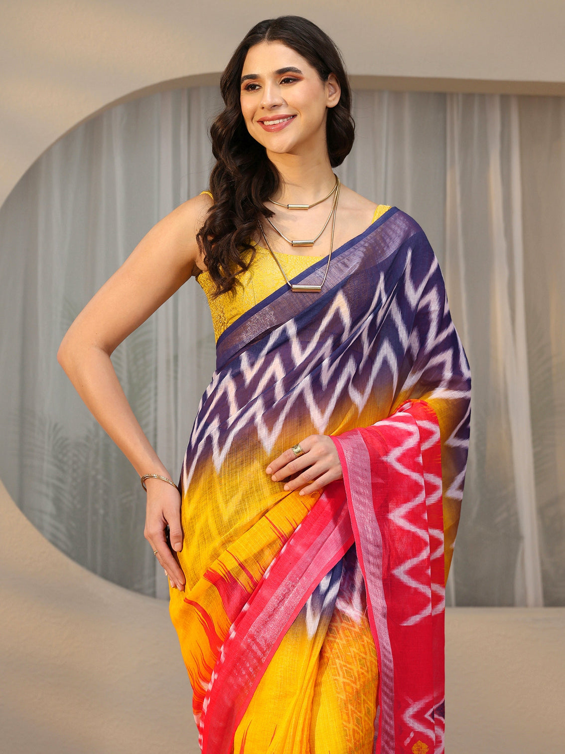 Mameraa Multi Colour Ikat Style Chevron Printed Cotton Blend Saree