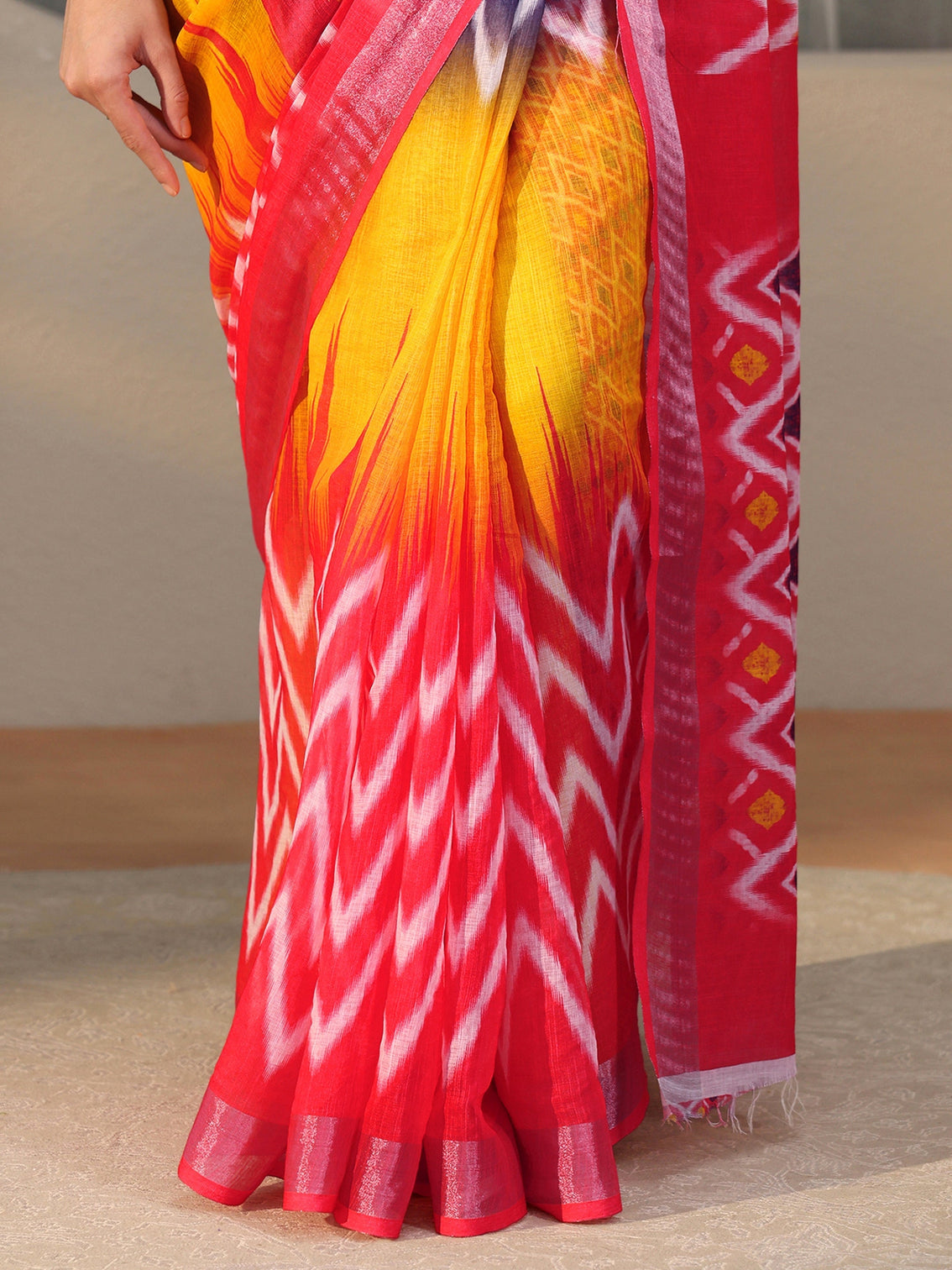 Mameraa Multi Colour Ikat Style Chevron Printed Cotton Blend Saree