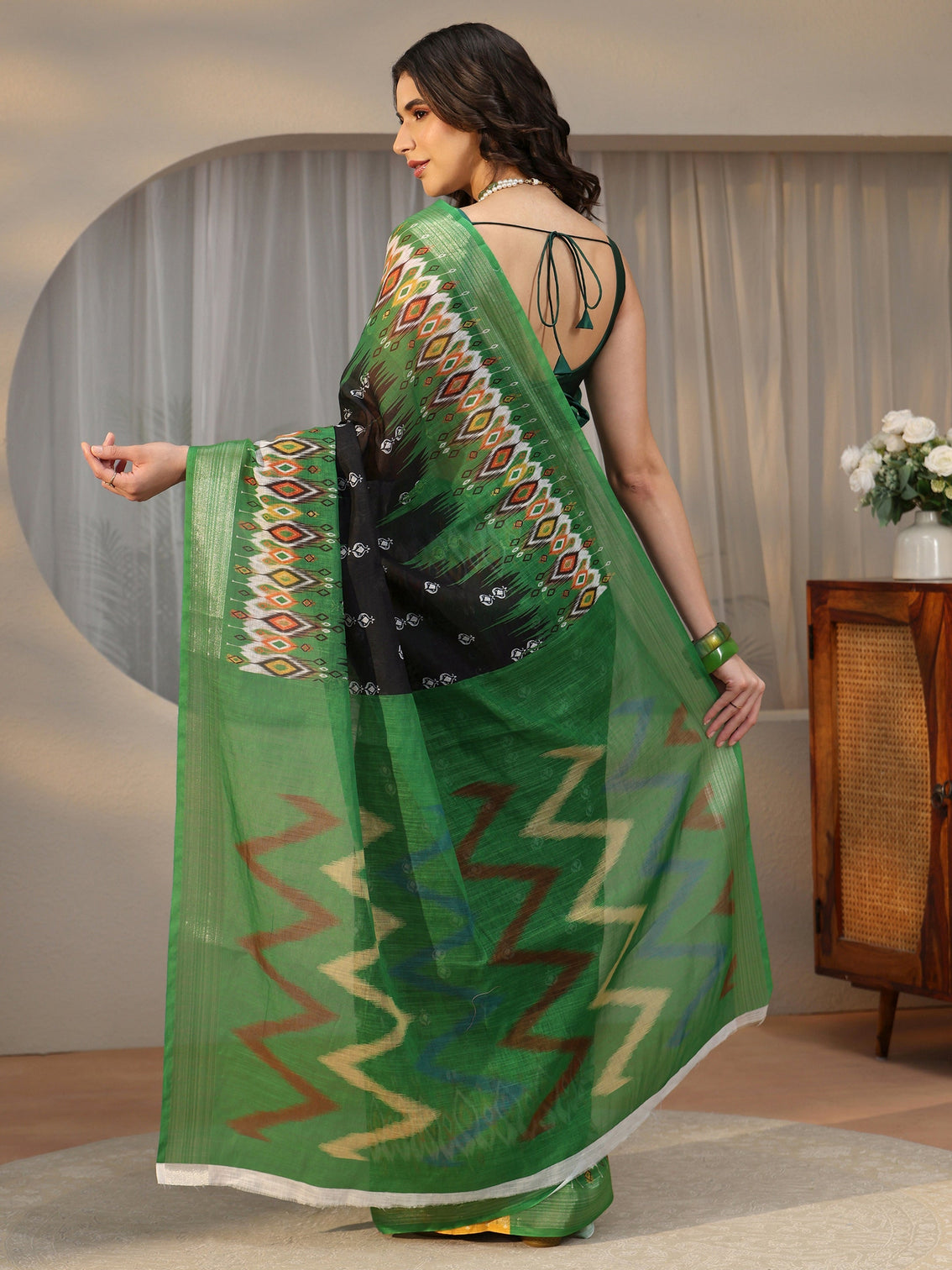 Mameraa Black Ikat-Style Printed Cotton Blend Saree