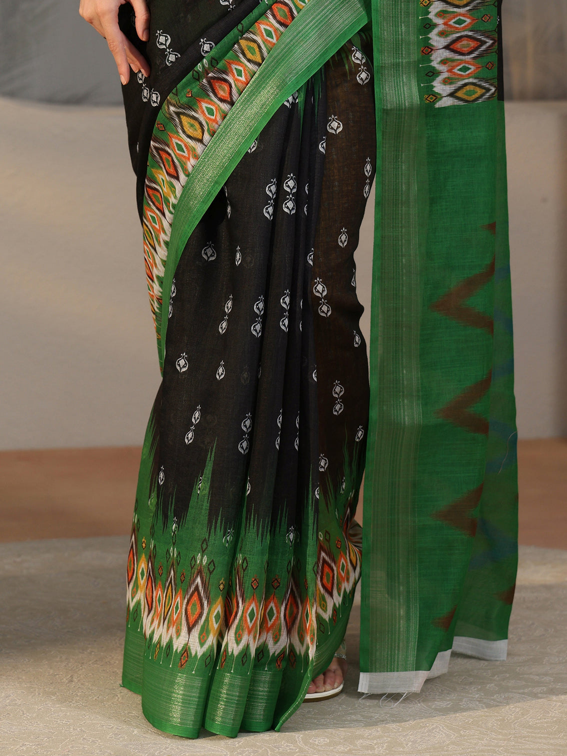 Mameraa Black Ikat-Style Printed Cotton Blend Saree