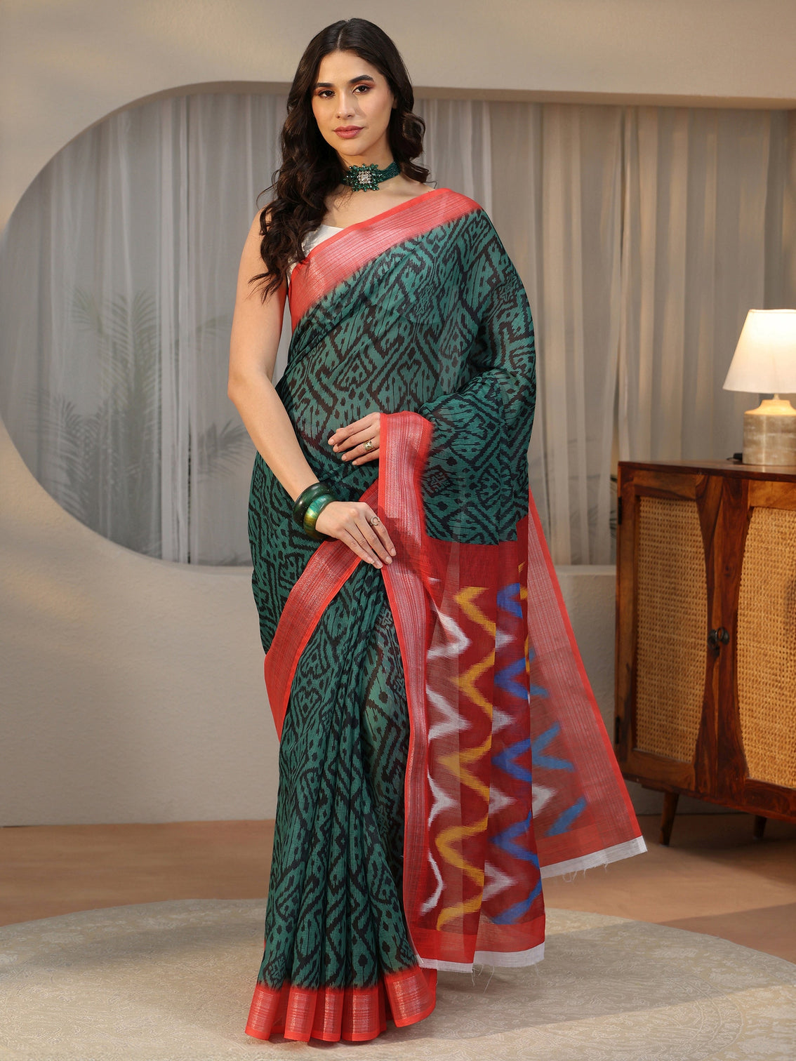 Mameraa Multi Colour Ikat Style Chevron Printed Cotton Blend Saree