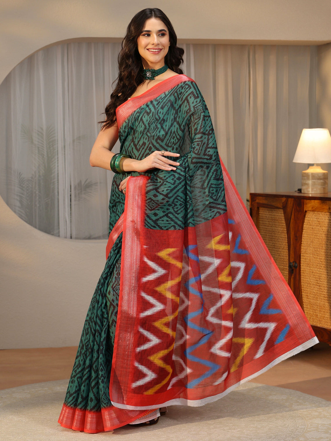 Mameraa Multi Colour Ikat Style Chevron Printed Cotton Blend Saree