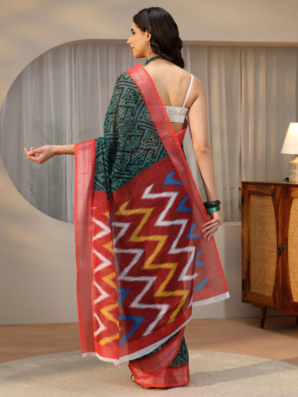 Mameraa Multi Colour Ikat Style Chevron Printed Cotton Blend Saree