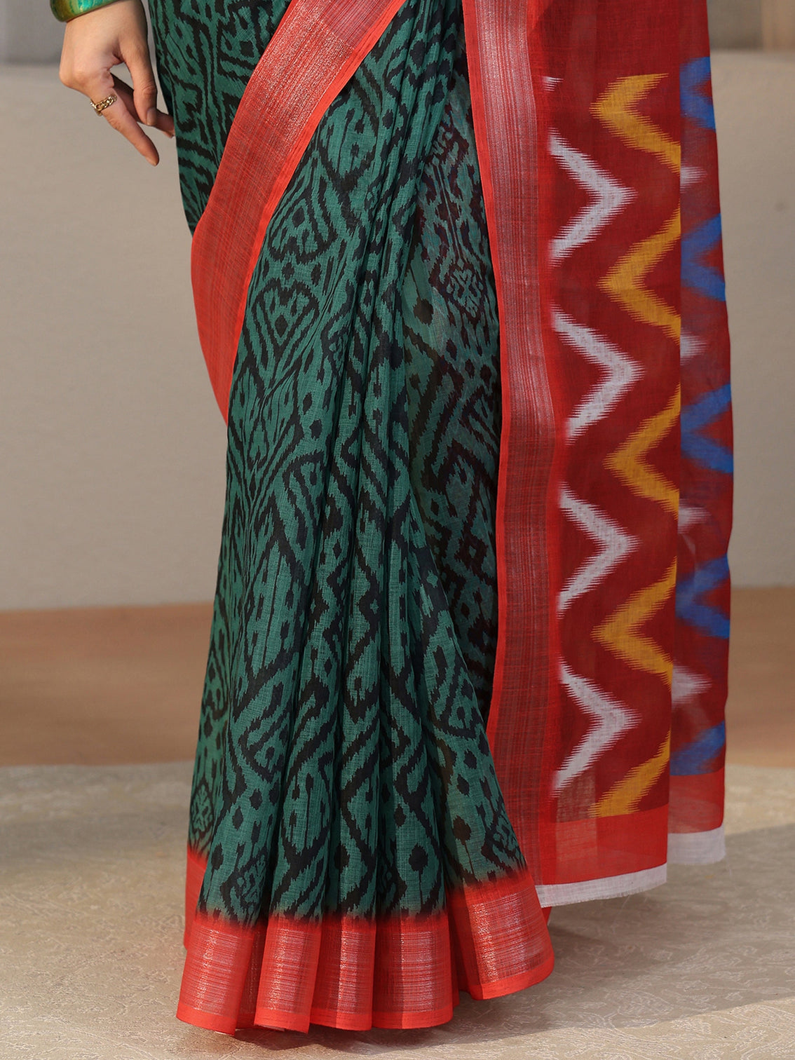 Mameraa Multi Colour Ikat Style Chevron Printed Cotton Blend Saree