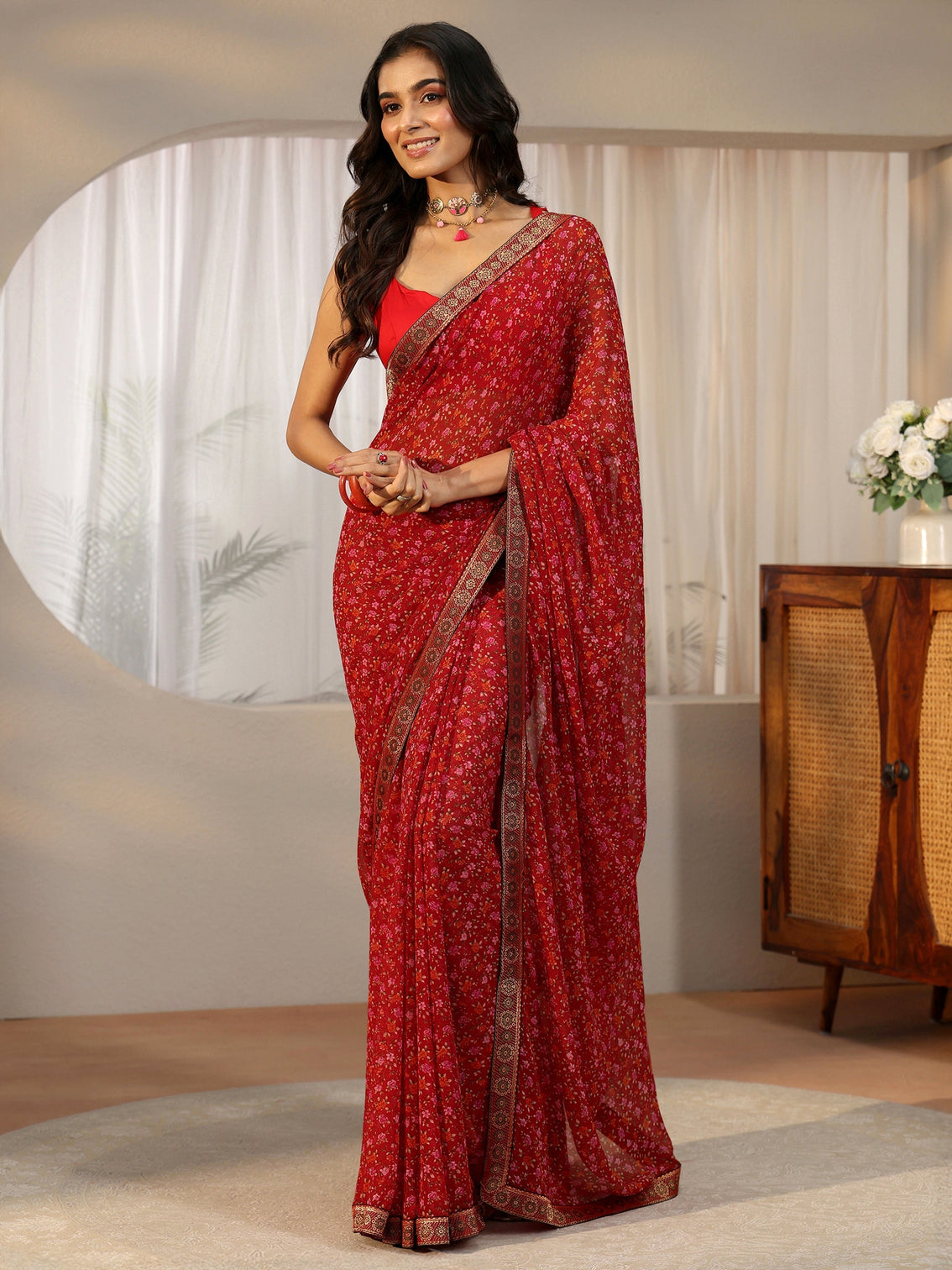 Mameraa Crimson Red Floral Printed Georgette Saree