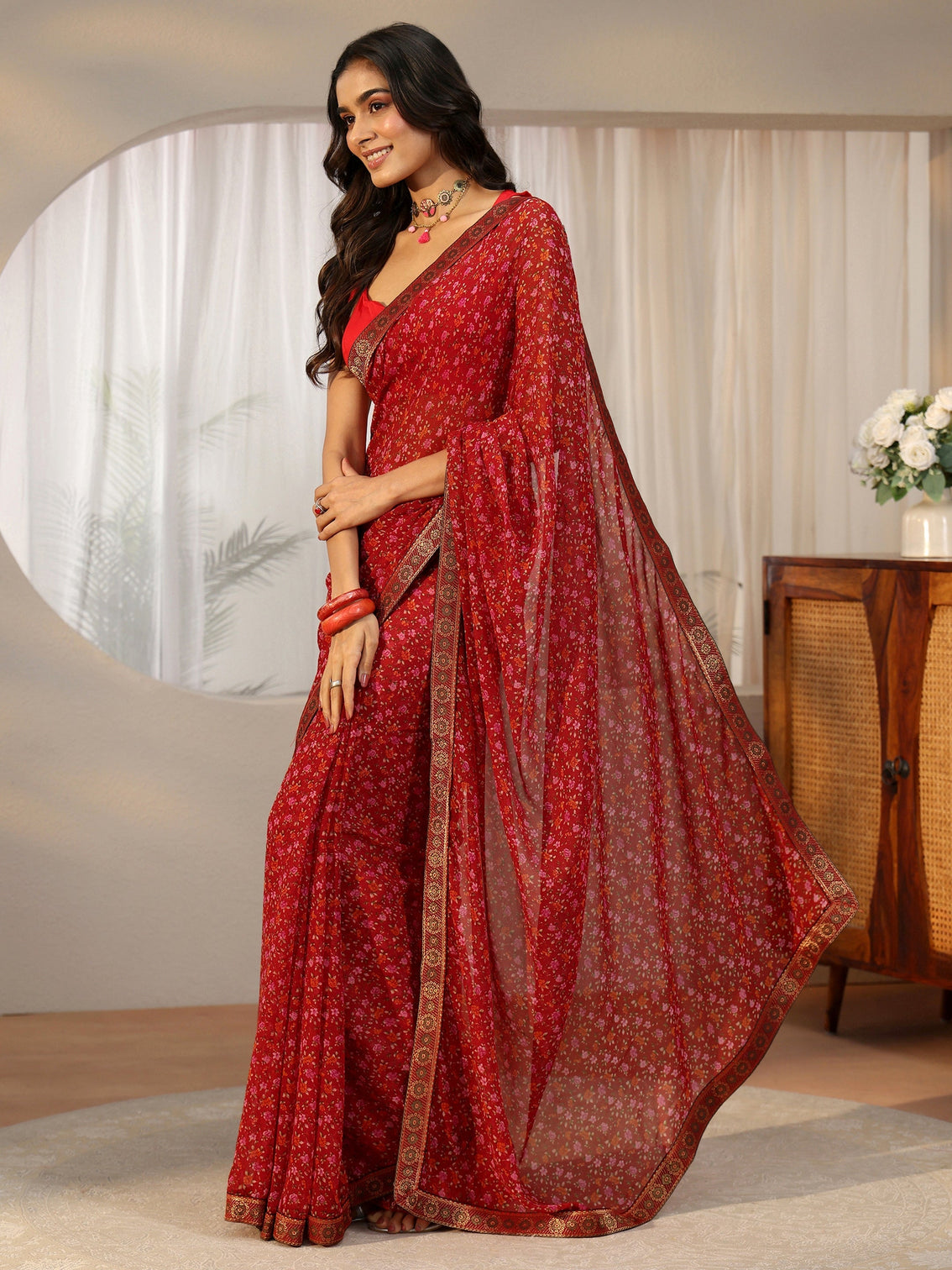 Mameraa Crimson Red Floral Printed Georgette Saree