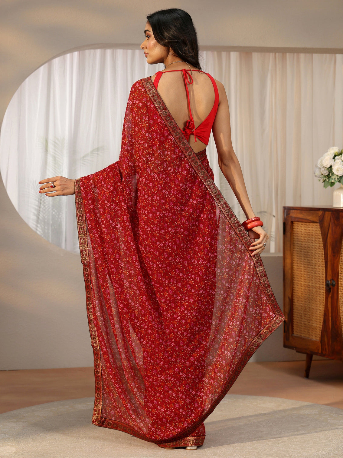 Mameraa Crimson Red Floral Printed Georgette Saree