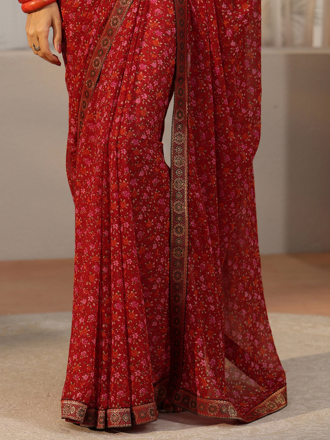 Mameraa Crimson Red Floral Printed Georgette Saree