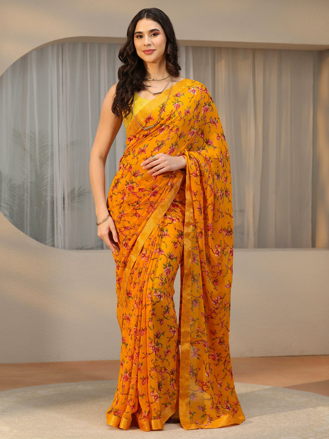 Mameraa Mustard Floral Printed Georgette Saree