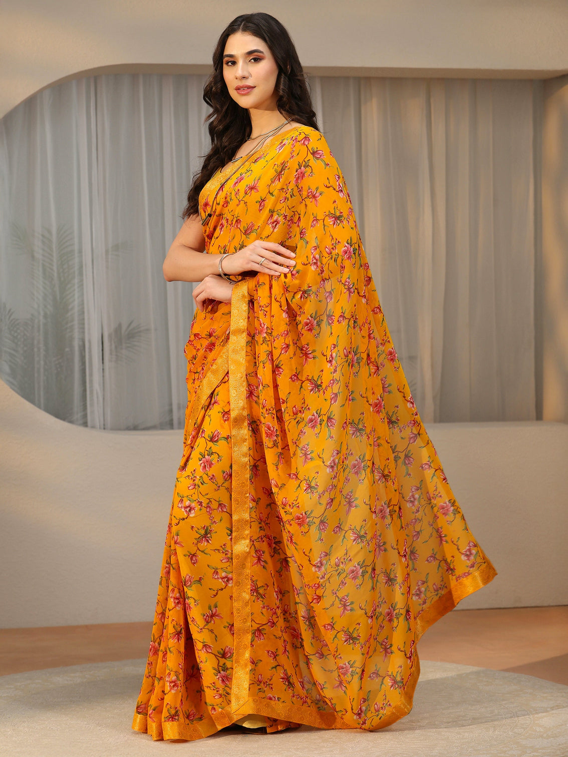 Mameraa Mustard Floral Printed Georgette Saree