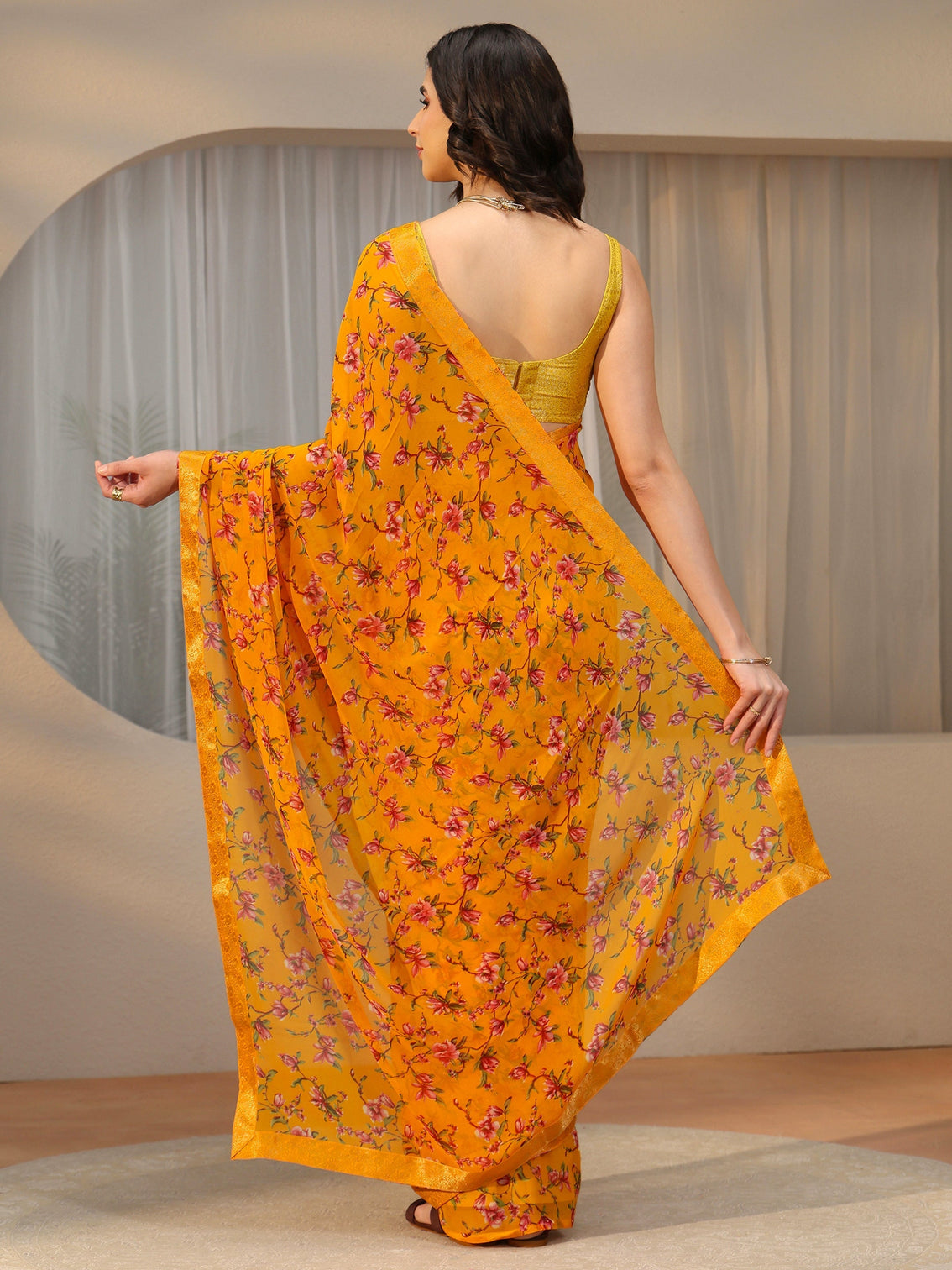 Mameraa Mustard Floral Printed Georgette Saree