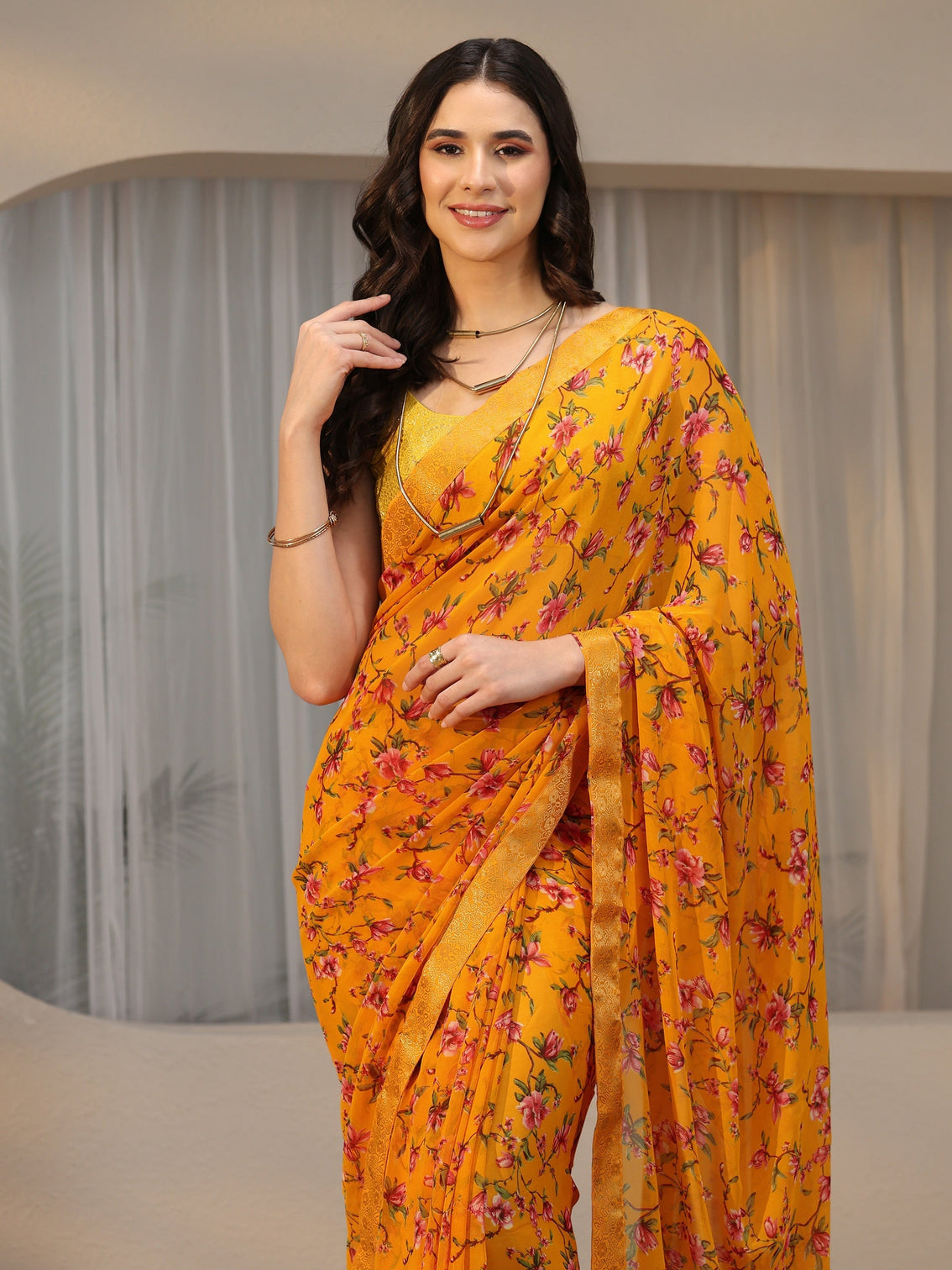 Mameraa Mustard Floral Printed Georgette Saree
