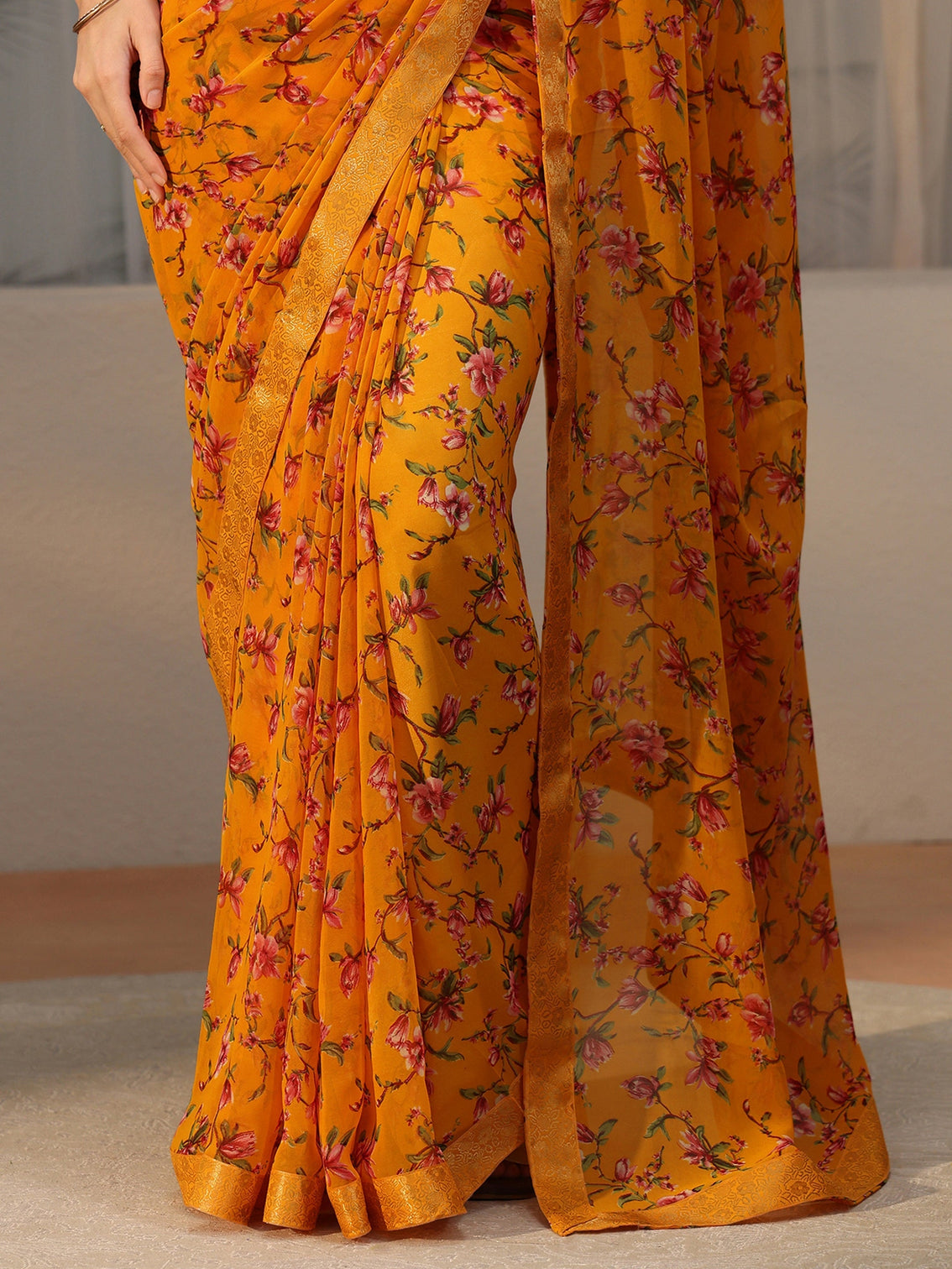 Mameraa Mustard Floral Printed Georgette Saree