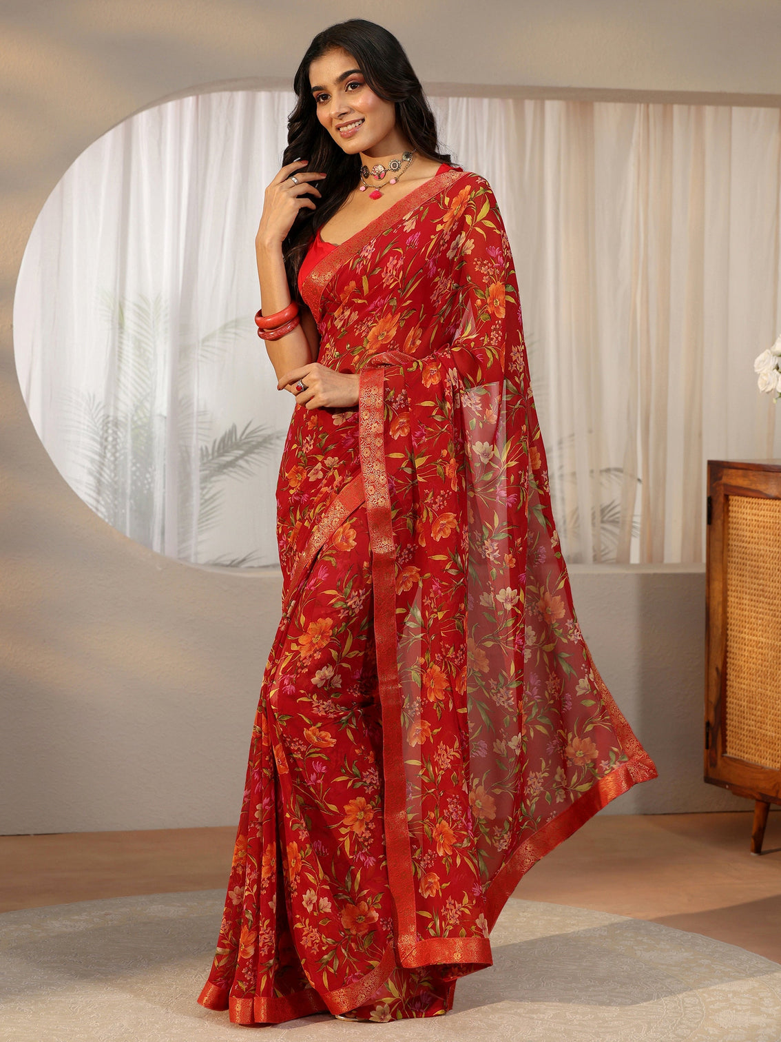 Mameraa Vermilion Red Floral Printed Georgette Saree