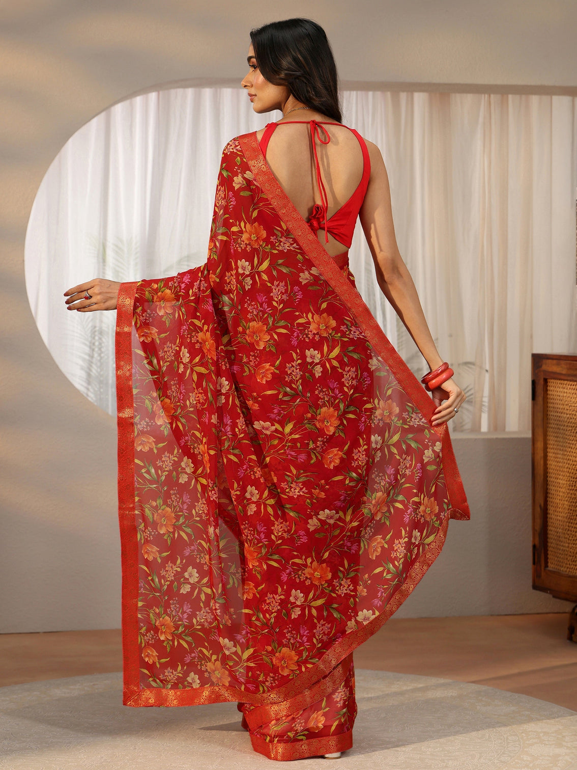 Mameraa Vermilion Red Floral Printed Georgette Saree