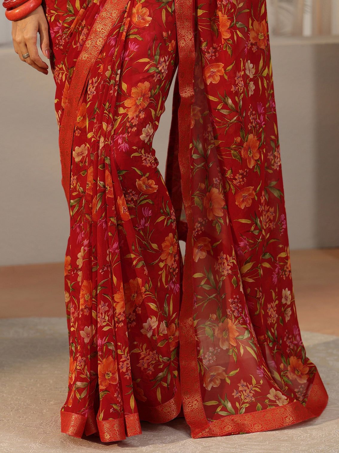 Mameraa Vermilion Red Floral Printed Georgette Saree