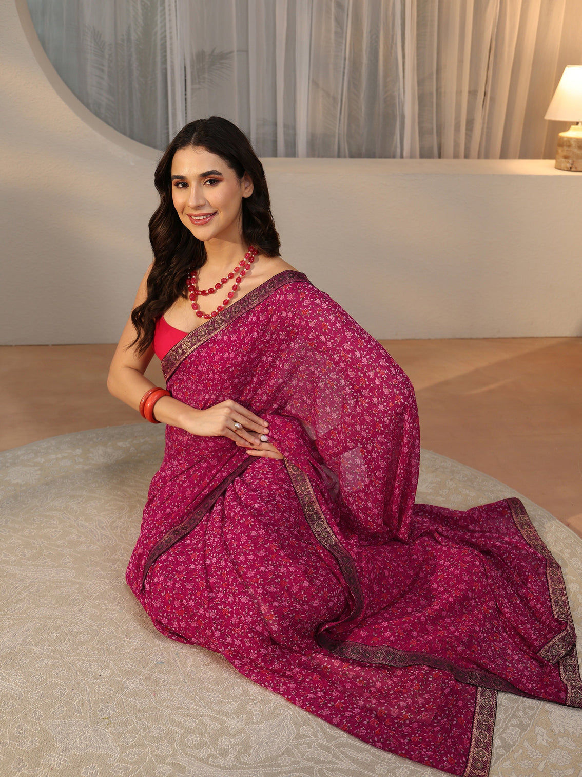 Mameraa Magenta Pink Floral Printed Georgette Saree