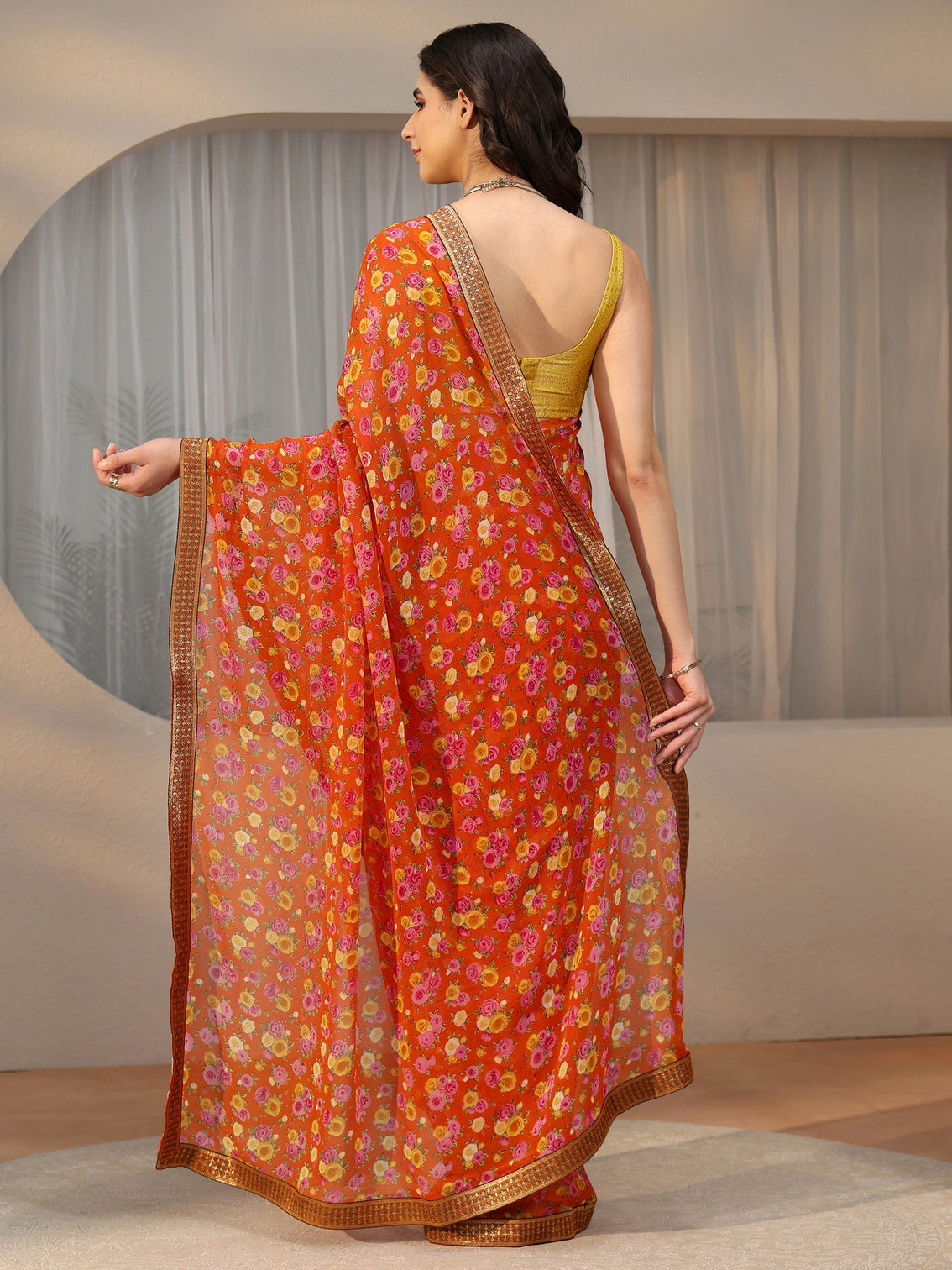 Mameraa Orange Floral Printed Georgette Saree