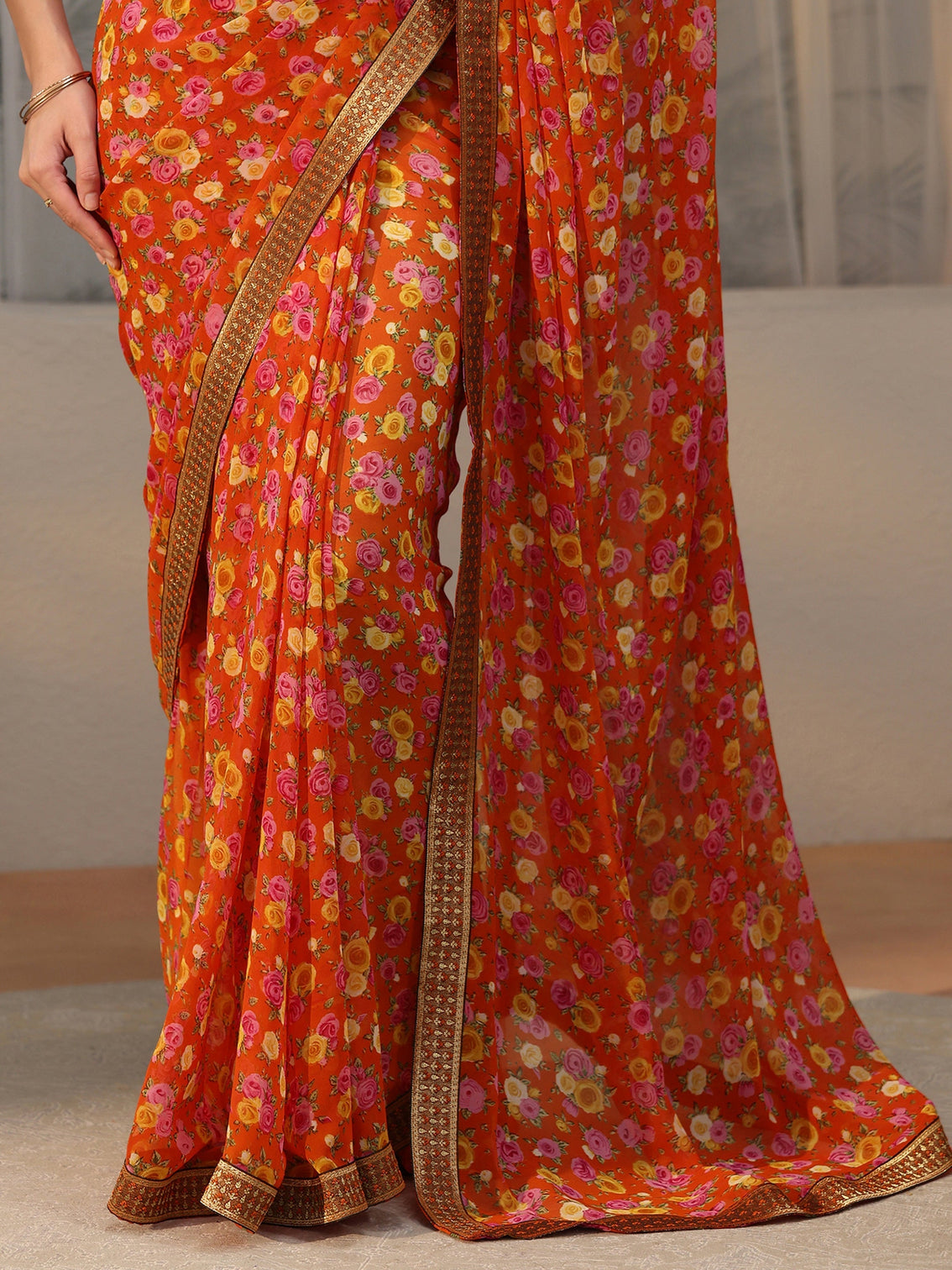 Mameraa Orange Floral Printed Georgette Saree