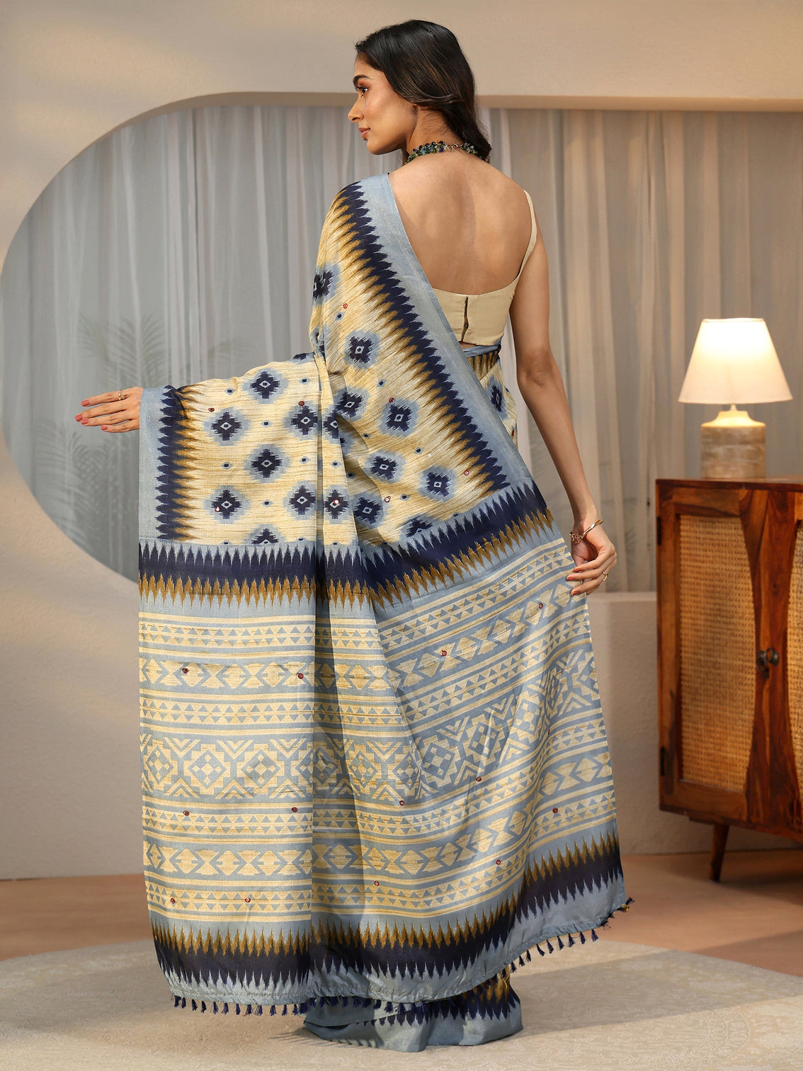 Mameraa Beige Ikat Printed Cotton Blend Saree