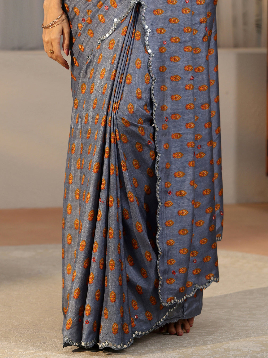 Mameraa Dusty Blue Printed Silk Blend Saree