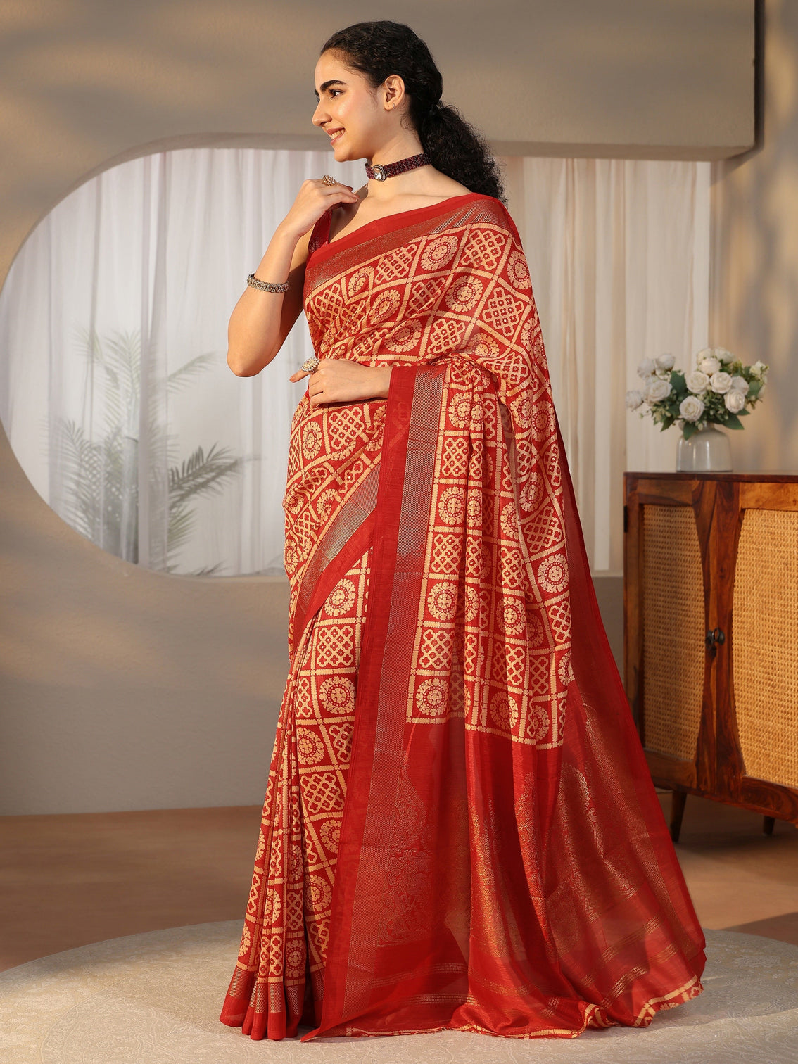 Mameraa Vermilion Red Printed Silk Blend Saree