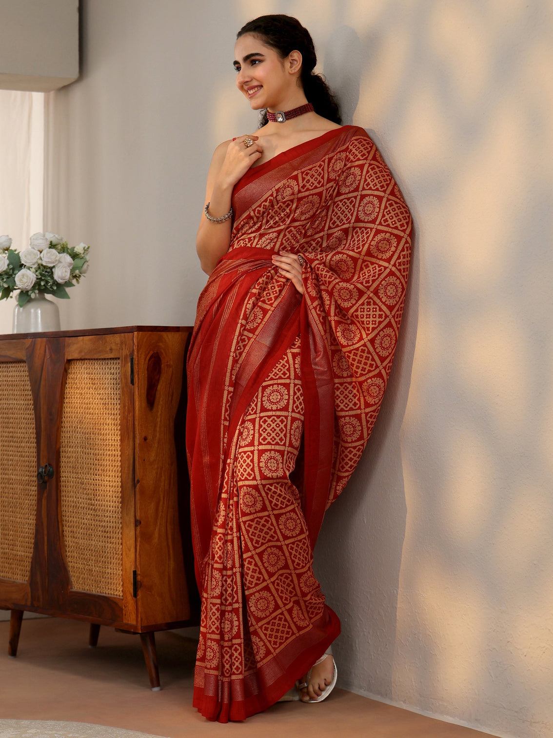 Mameraa Vermilion Red Printed Silk Blend Saree
