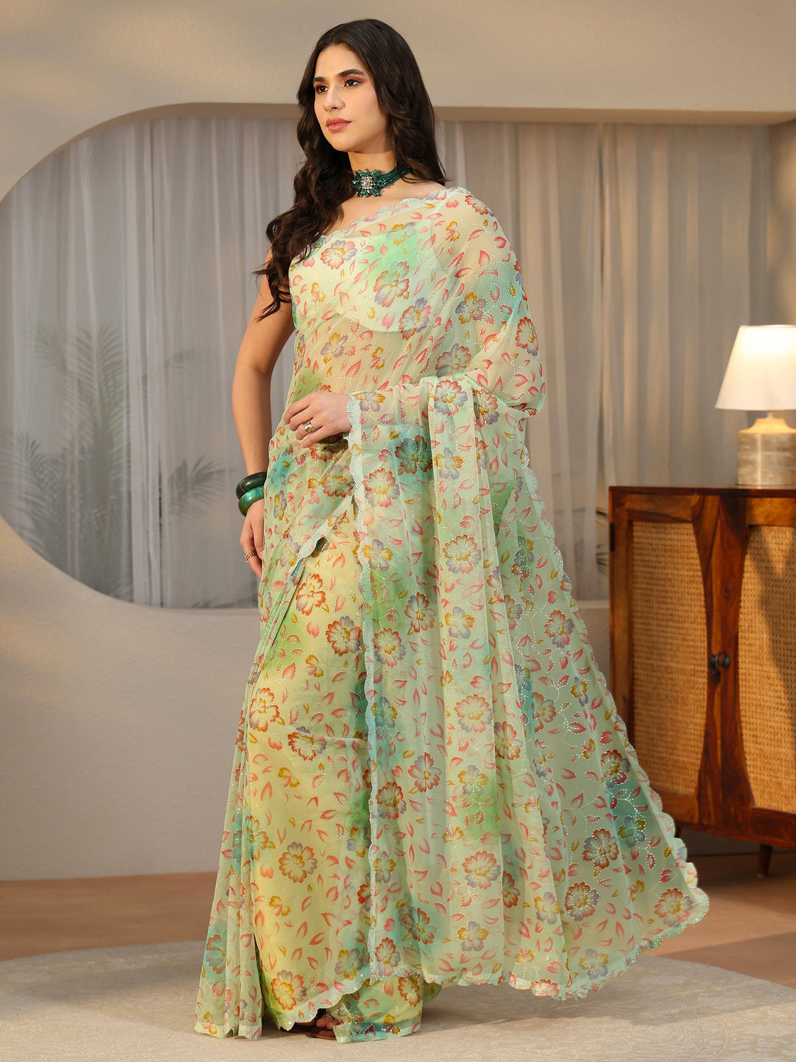 Mameraa Mint Green Floral Printed Georgette Saree