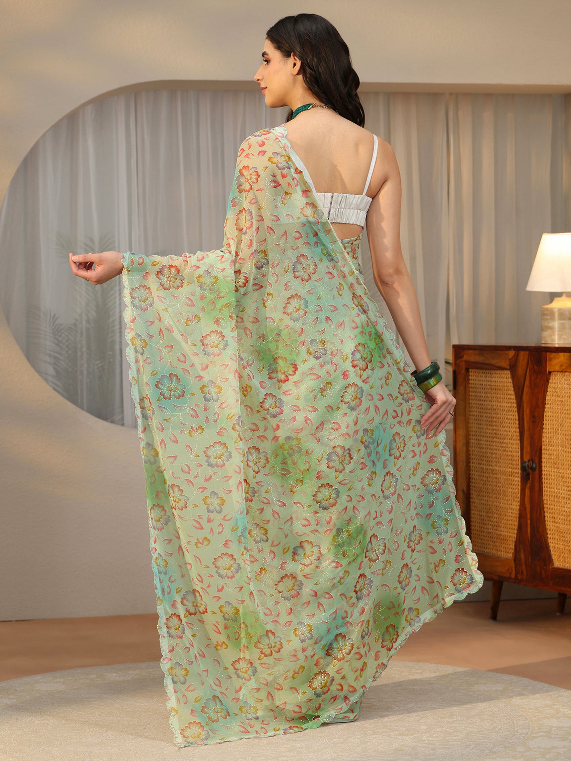 Mameraa Mint Green Floral Printed Georgette Saree
