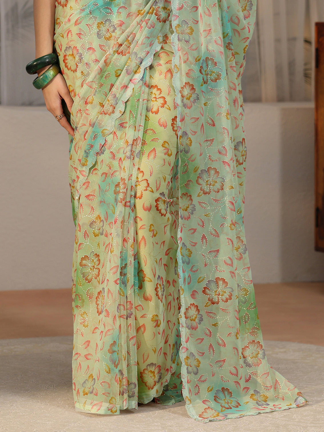Mameraa Mint Green Floral Printed Georgette Saree