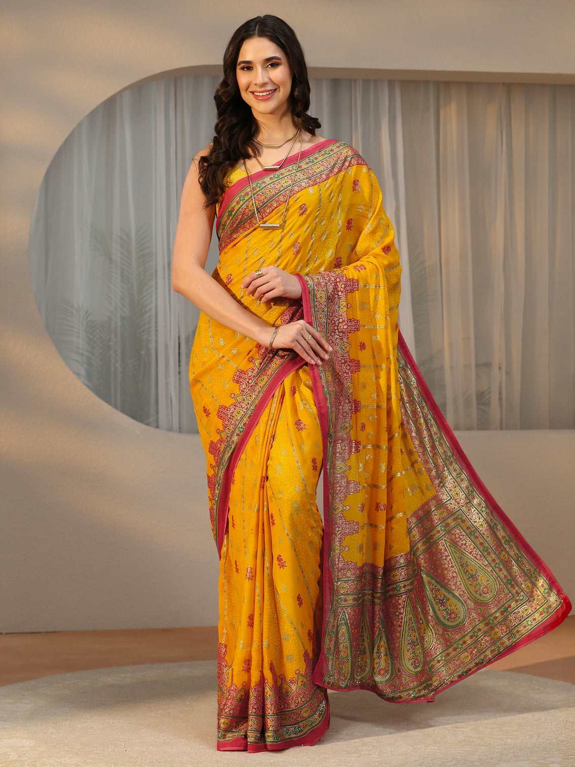 Mameraa Mustard Ethnic Printed Georgette Saree
