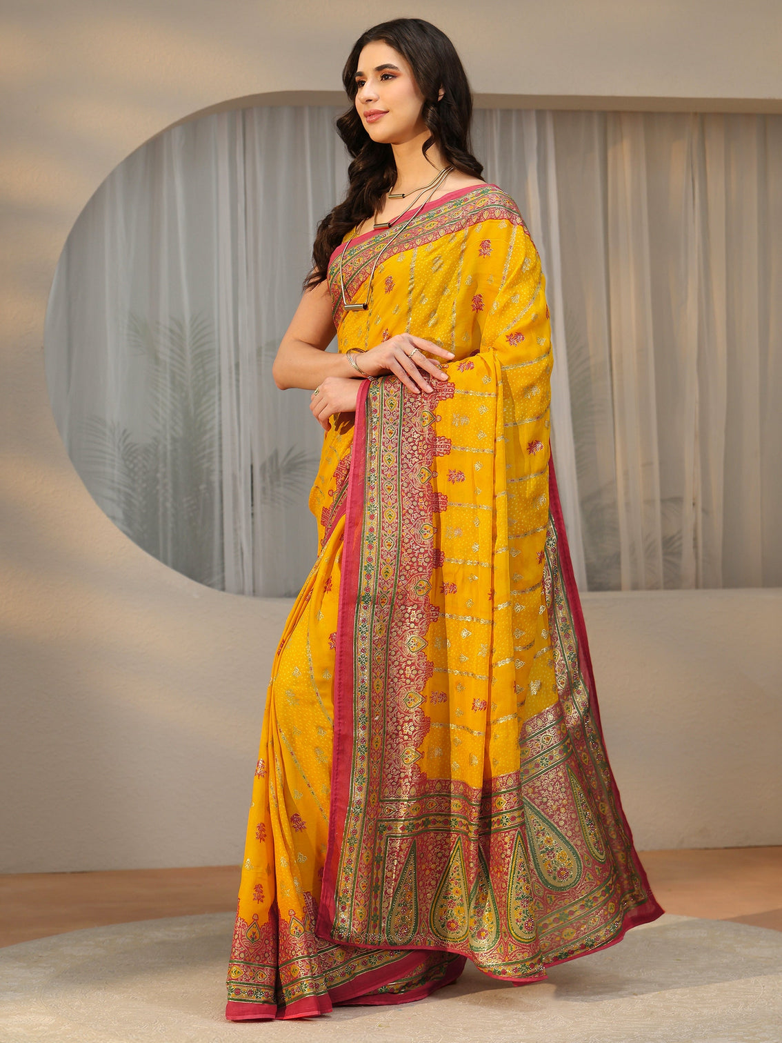 Mameraa Mustard Ethnic Printed Georgette Saree