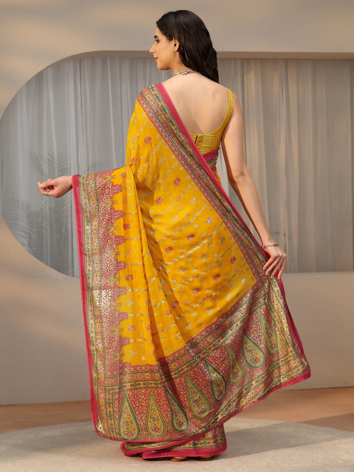 Mameraa Mustard Ethnic Printed Georgette Saree