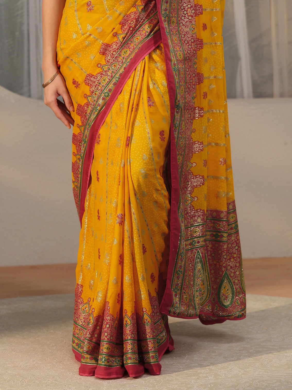 Mameraa Mustard Ethnic Printed Georgette Saree