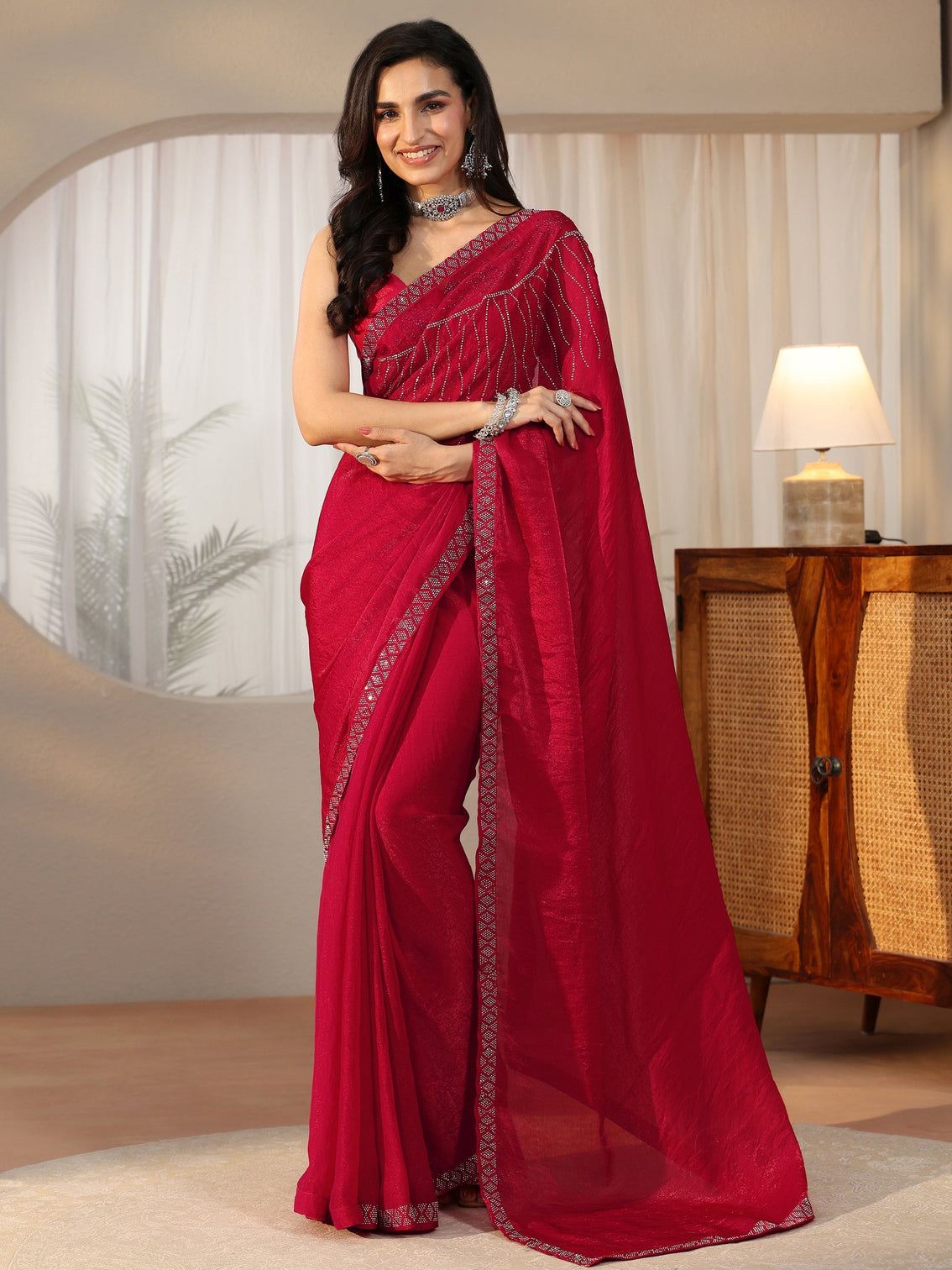 Mameraa Deep Magenta Pink Embellished Tissue Saree