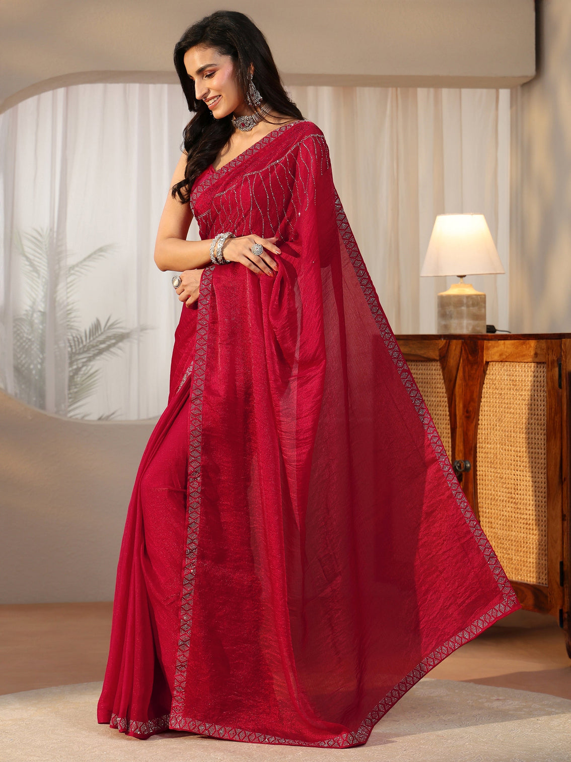 Mameraa Deep Magenta Pink Embellished Tissue Saree