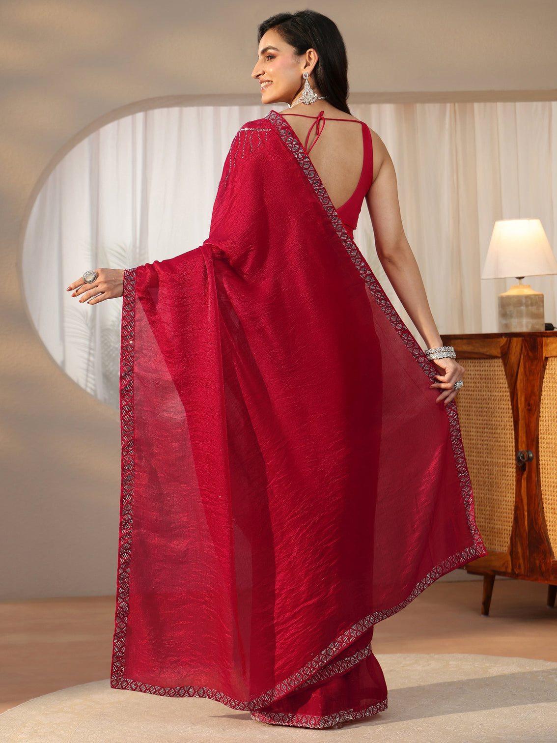 Mameraa Deep Magenta Pink Embellished Tissue Saree