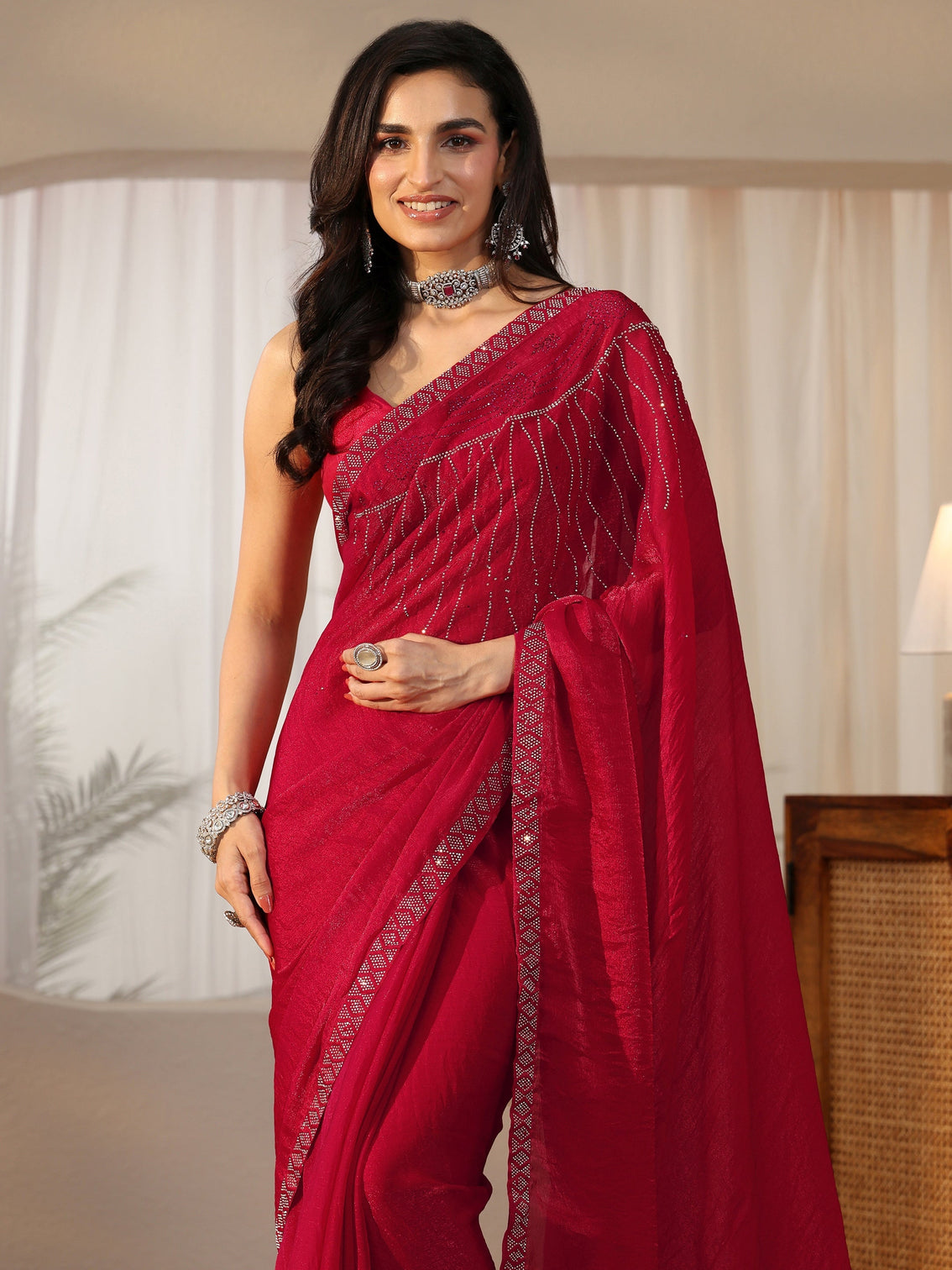Mameraa Deep Magenta Pink Embellished Tissue Saree